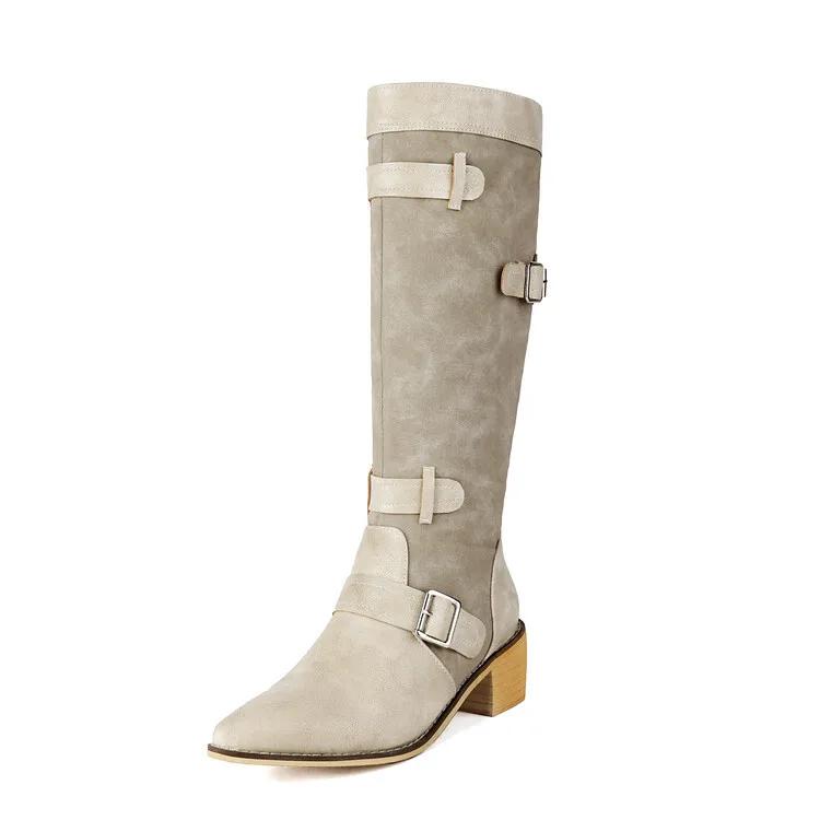 Fashion European American Color Blocked Western Cowboy Boots Women Pointed Spliced Belt Buckle 4.5cm Thick Heel Knee High Boots 35-46