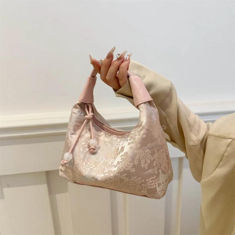 Sweet Elegant Embroidery Shoulder Bag Nylon Texture Pearl Pendant Crossbody Purse Small Bucket Handbag Women Fashion Accessory