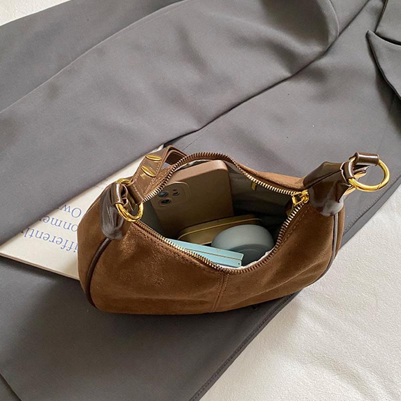 Faux Suede Solid Color Large Capacity Hobos Shoulder Bags for Women High Quality Versatile Undearm Ruched Handle Bags