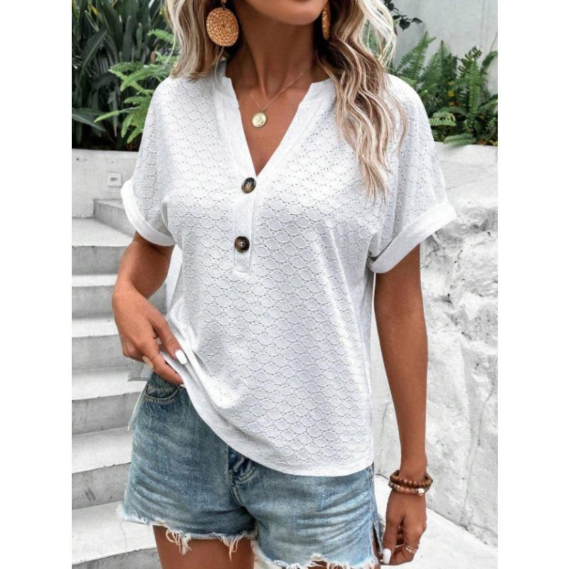 YYFS Women's Fashion Casual Summer Spring Solid Color Print Short Sleeve V-Neck Blouses & Shirts