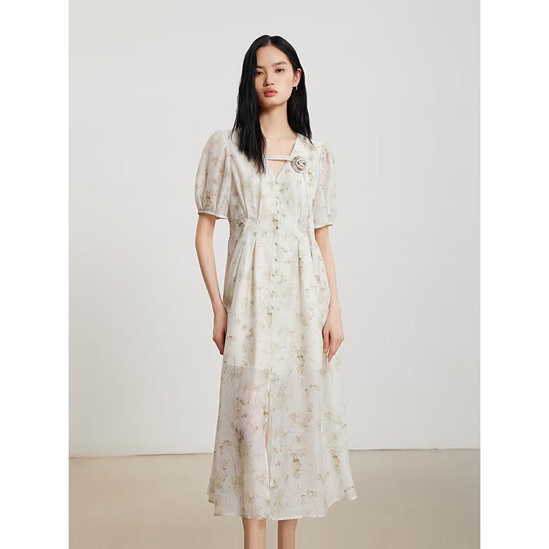 Gejin Elegant Floral Slit Mid-Length Dress L