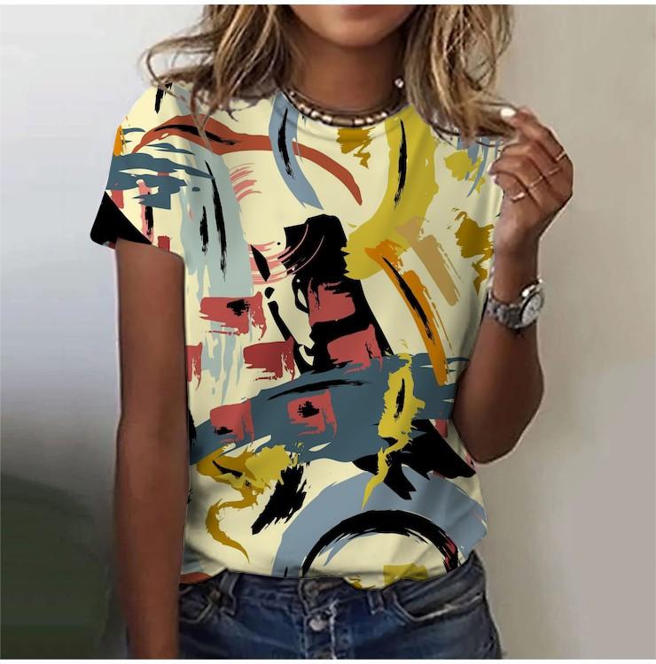 2025 Casual Sports Women's T-shirt Summer New Garden Collar Short Sleeve Geometric Irregular Loose Lightweight Casual