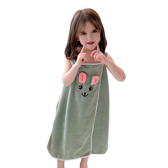 Kids Bath Skirt Rabbit Ear Absorbent Bath Towel Coral Velvet Dress Style Bath Wrap with Shoulder Straps for Beach Swimming Pool