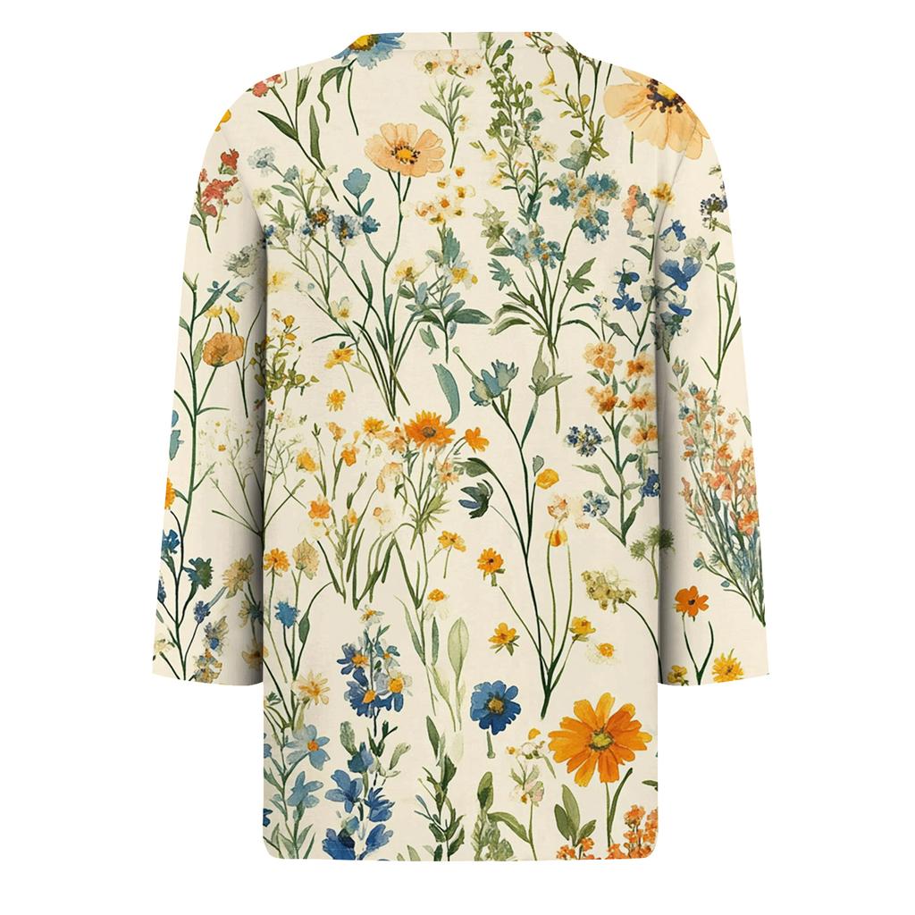 Women's Fashionable Casual Round Neck T-Shirt With Floral Print And Three-Quarter Sleeves