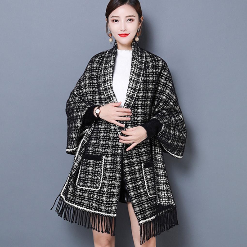 Cashmere Winter Women's Tweed Pocket Cardigan Shawl Cape