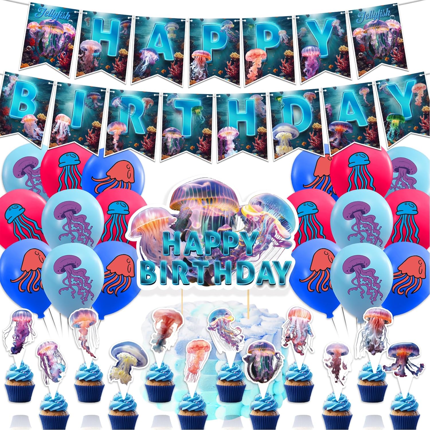 Jellyfish Birthday Party Decorations Jellyfish Party Supplies Includes Under the Sea Jellyfish Birthday Banner Cake Topper Cupcake Toppers Balloons