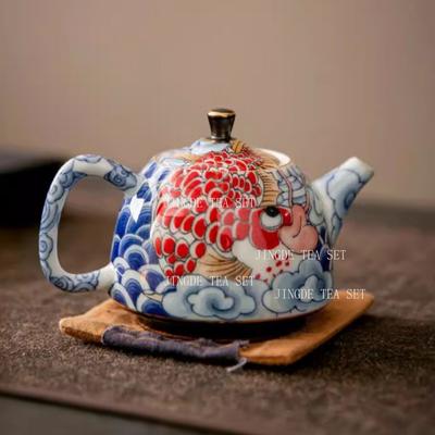 Jingdezhen Ceramic Teapot Tea Set 160ml Japanese Style Blue and White Dragon Fish Teapot Underglaze Colour