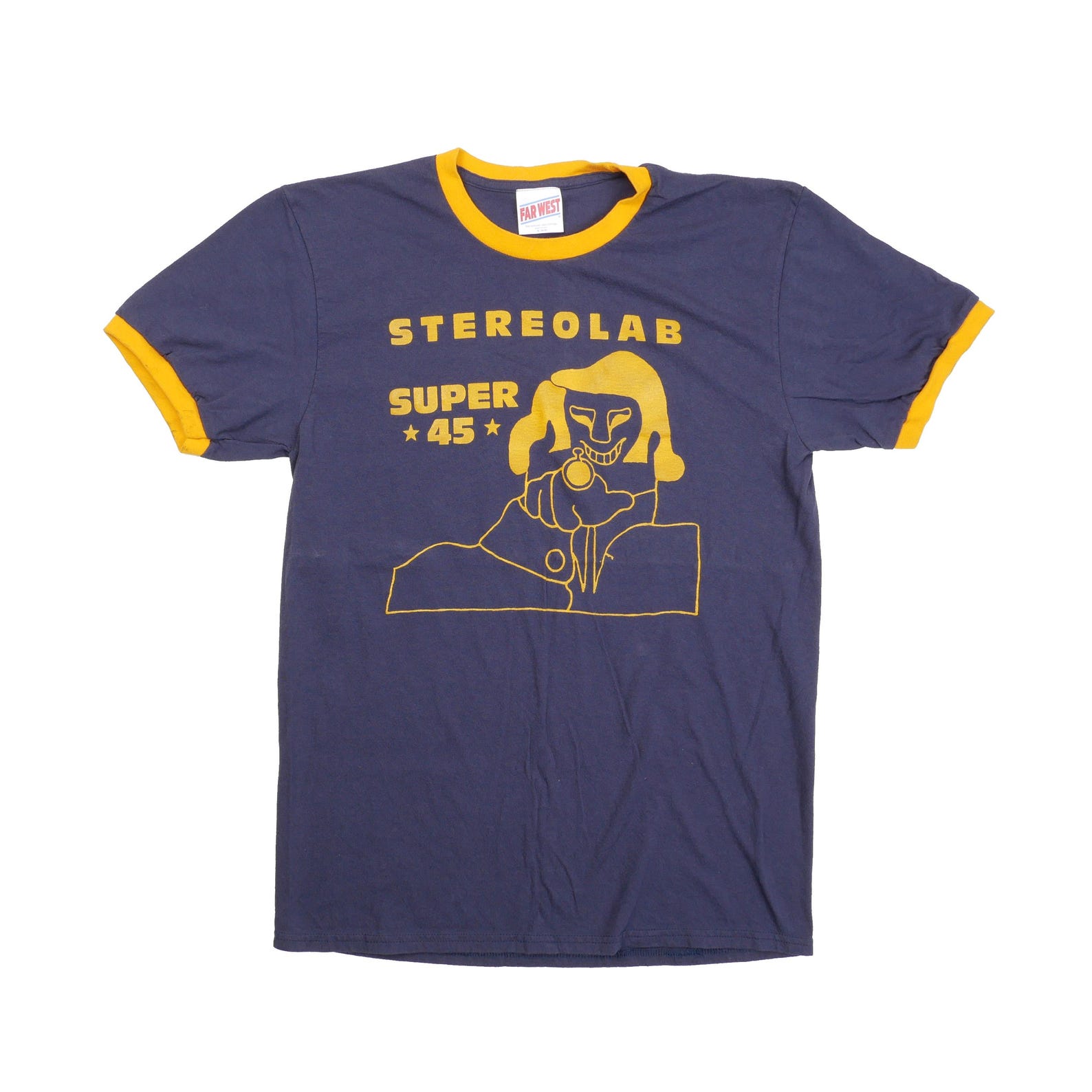 Stereolab Ringer Tee Peng Cliff Super 45 French Paris France Electronic Art Music Pop Band Tour Tee Classic Navy Gold Ringer Shirt - Medium L