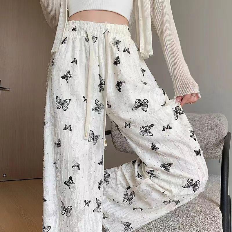 Wasteland Style Ripped Butterfly Printed Casual Pants for Women In Summer New Design Draped Straight Wide-leg Pants
