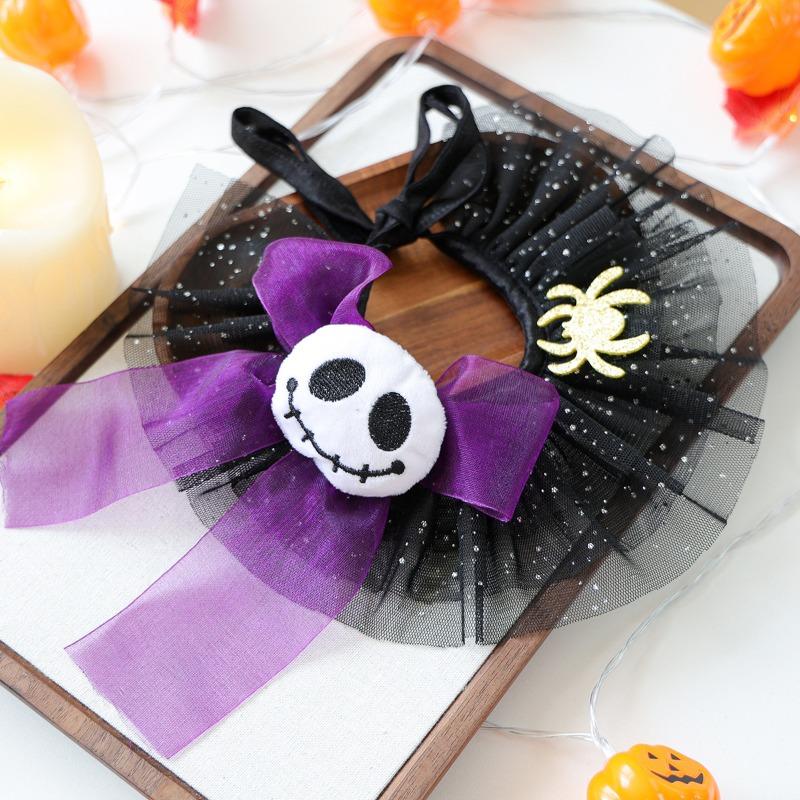 Halloween Pet Bandana For Dogs Cats Witch Collar Pumpkin Tulle Scarf Adjustable Bib With Bowtie Pet Accessories For Puppy Kitten
