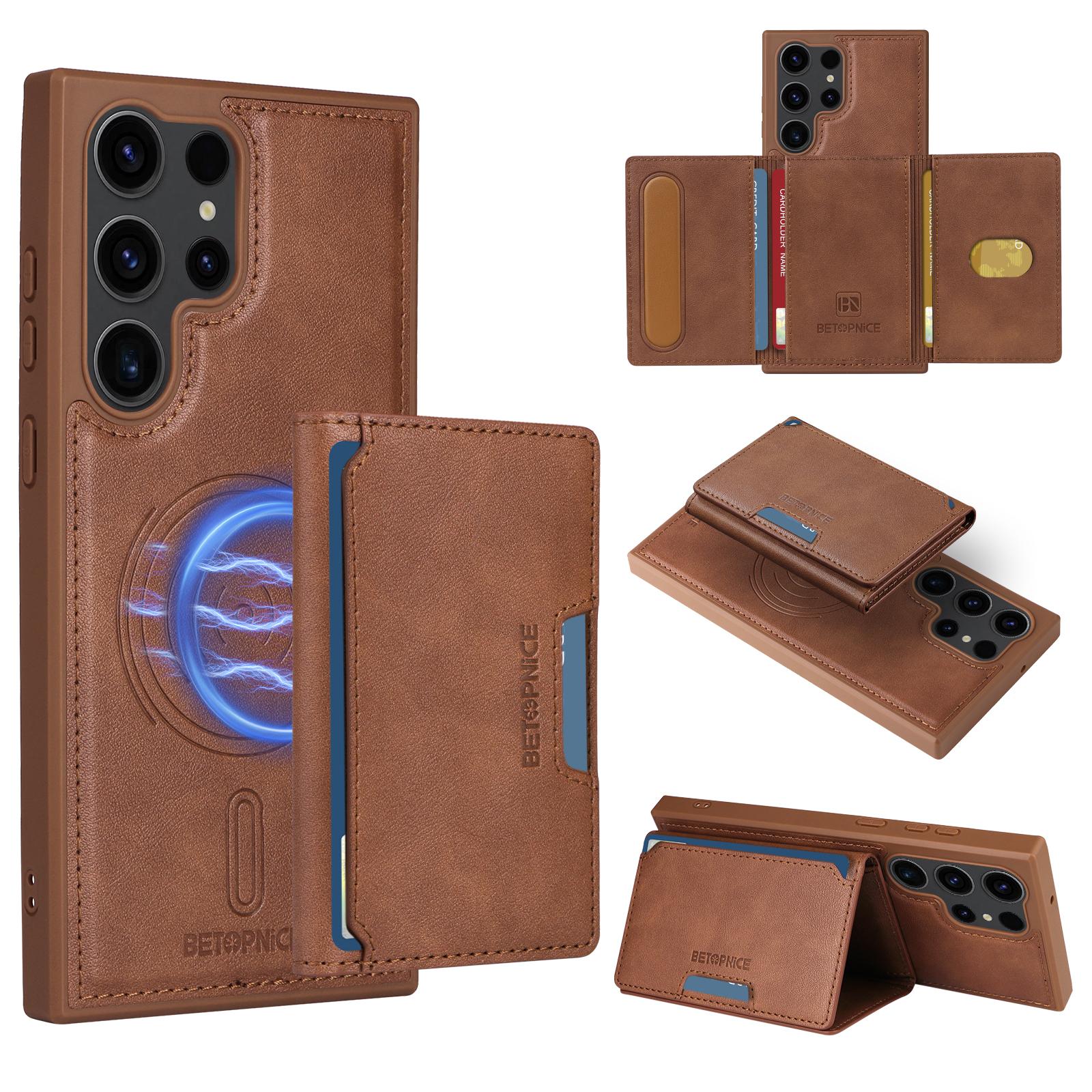 

For Samsung Galaxy S23 Ultra Magnetic Case BETOPNICE Leather Phone Cover Kickstand with Detachable Card Bag Brown