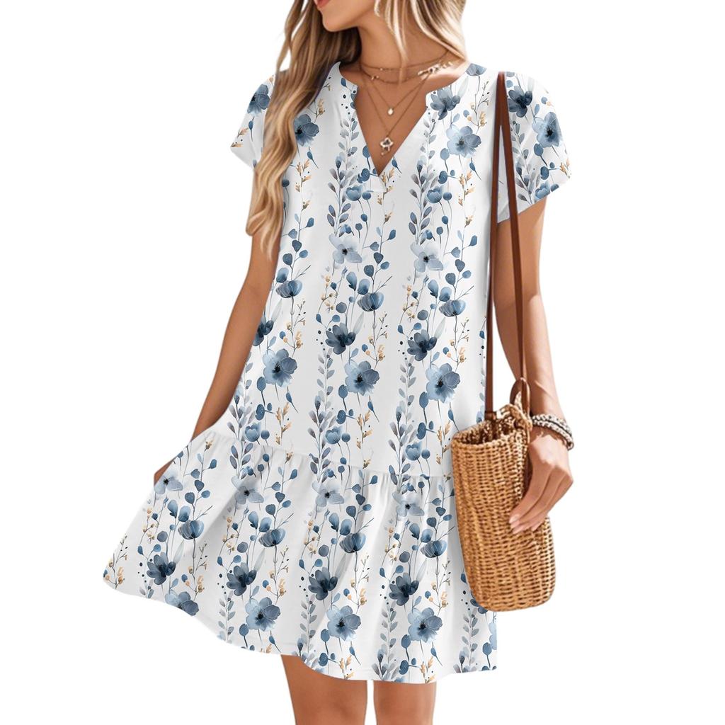 Women's Dresses Short Sleeve V-Neck Floral Printed Loose Casual Temperament Beach Dresses