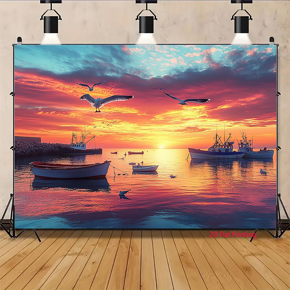 2D plane 1 large fishing port sunset with vivid coastal ships and bird patterns - suitable for living room wedding