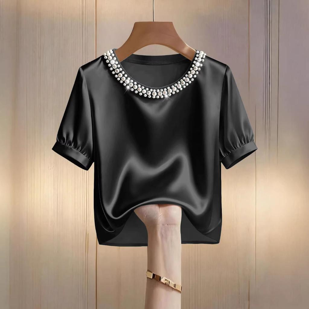 Damen Rundhals Perlenbestickt Puff Kurzarm Einfarbig Satin Lockerer Schnitt Elegant Büro Freizeit Bluse Top