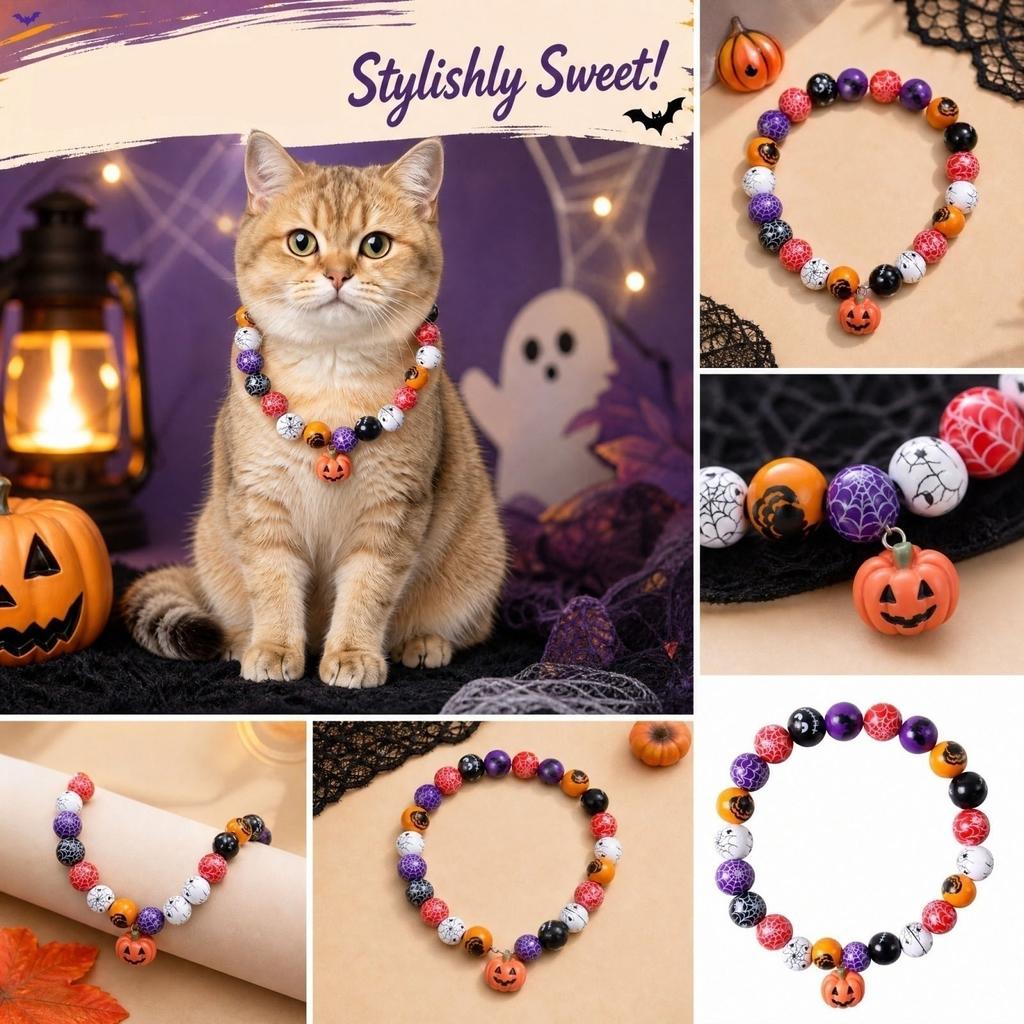 Pet Halloween Beaded Collar with Random Color Beads for Dogs Cats Festival Party