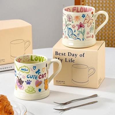 1 stück Kreative Niedlichen Keramiktasse Blume Gedruckt Katzenmuster Haushalts Frühstück Milch Saft Nachmittagstee Kaffeetassen Geschenk Trinkgefäße