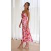 VEZFAA Women's Fashion Summer Spring Flower Pattern Print Sleeveless Oblique Collar High Waist Casual Dresses