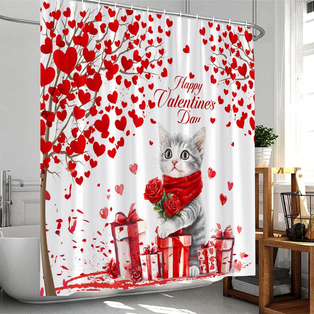 Valentine's Day Shower Curtains Cute Animals Highland Cattle Pig Flamingo Elf Heart Red Rose Bath Curtain Fabric Bathroom Decor
