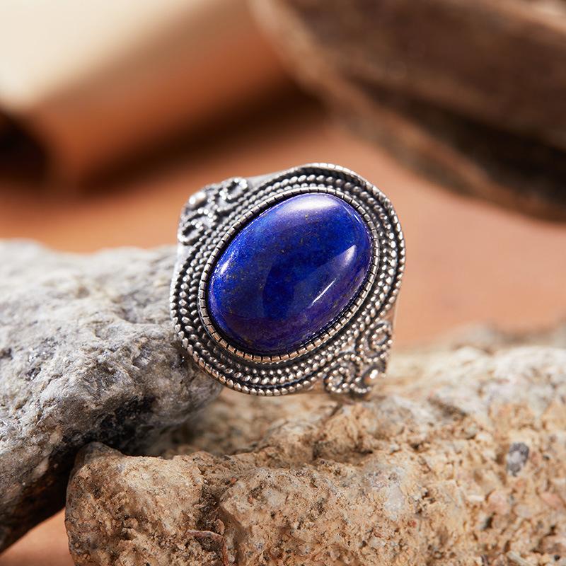 Personalized Retro Natural Colored Treasure Malachite Tiger Eye Blue Gold Gemstone Ring Women'S S925 Sterling Silver Index Finger Ring