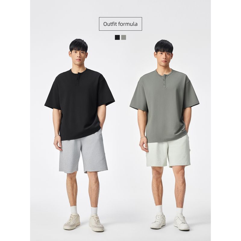 Bodydream Henry Collar Short-Sleeved T-Shirt Loose Casual Pique Texture Men's Top Half-Sleeved T-Shirt