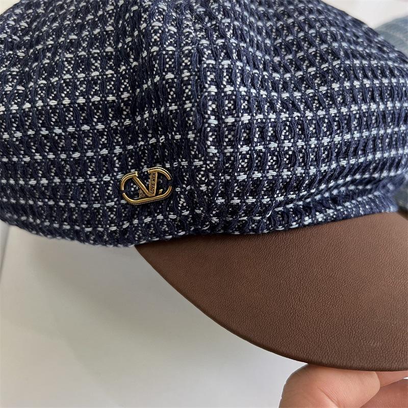 

Blue plaid leather brim newsboy hat women s cloud large version retro casual octagonal cap cap M（56-58cm） світло-синій колір