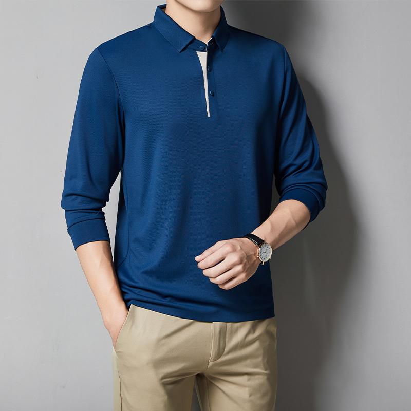 Smart Casual Autumn New Men's Lapel Solid Button Elastic No Trace Simplicity Fashion Versatile Long Sleeve Slim Polo Shirts Tops