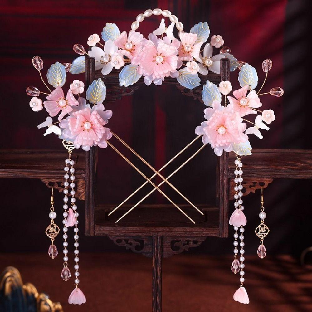 Tassel Hanfu Hair Stick Earring Flower Hair Comb Chinese Style Hairpin Set  Hairstyle Design Tool