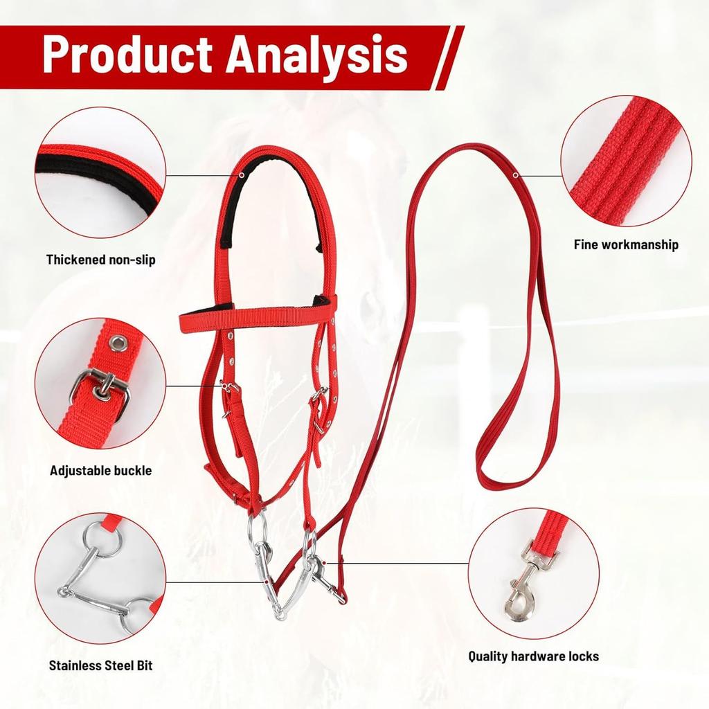 TOPINCN Horse Bridle, Red Adjustable Horse Bridle Rein Horse Headstalls Bit Horse Equestrian Accessories with Soft Cushion