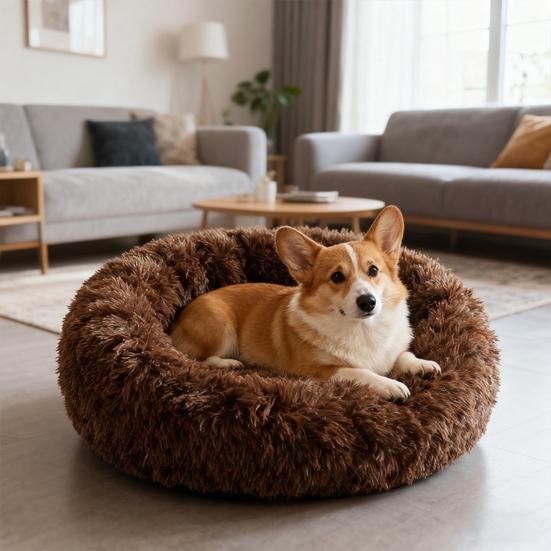 Round Pet Nest Bed Fuzzy Cat Bed Calming Donut Bed with Non-Slip Bottom Washable Fluffy Dog Bed for Small Medium Dogs And Cats