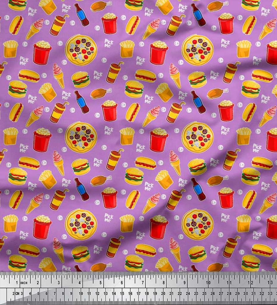Soimoi Japan Crepe Satin Fabric Cold Drink,Pizza & Burger Food Printed Fabric 1 metre 42 Inch