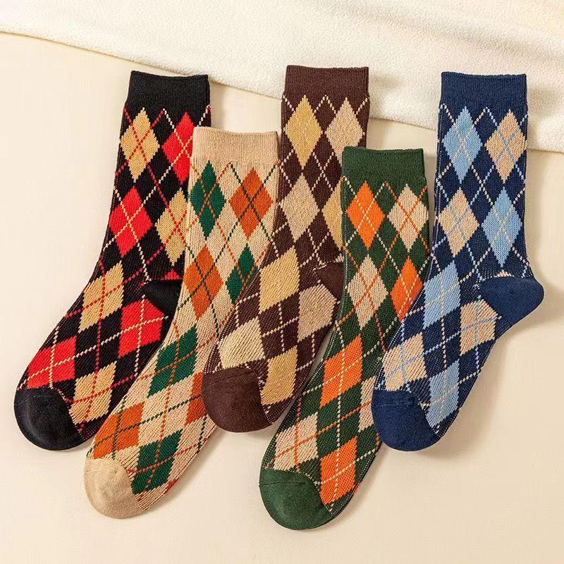 

5 пар женских носков на осень и зиму, ретро носки-гольфы, классические ромбовидные модные носки 5 Pairs