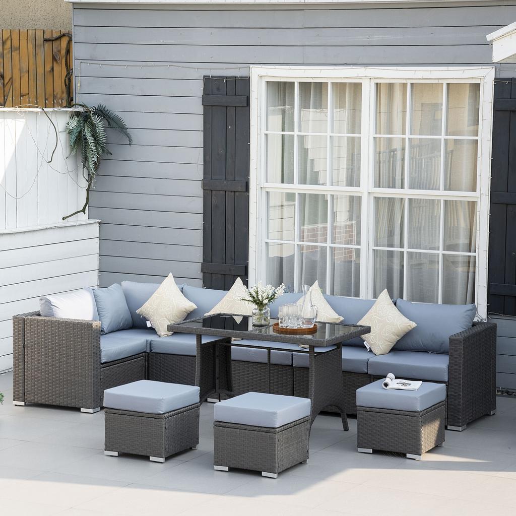 9-Seater Garden Rattan Furniture 10 Pcs Rattan Corner Dining Sofa Set, Grey/Dusty Blue Cushion