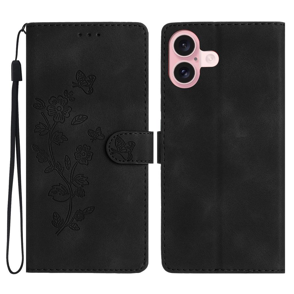 For iPhone 17 Case Leather Imprinted Flower Phone Cover Wallet with Wrist Strap