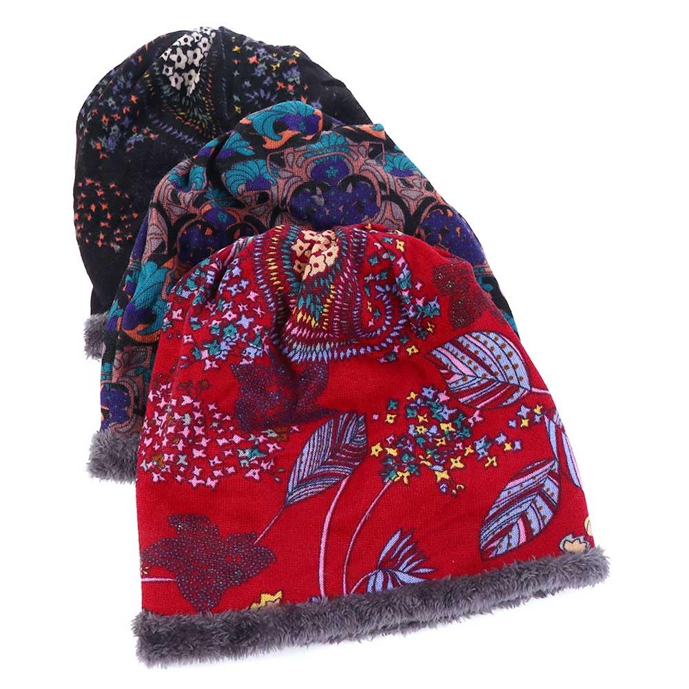 Fashion Autumn Print Flower Soft Plus Velvet Warmer Bib Hats Women Hat Velvet Bonnet Beanie