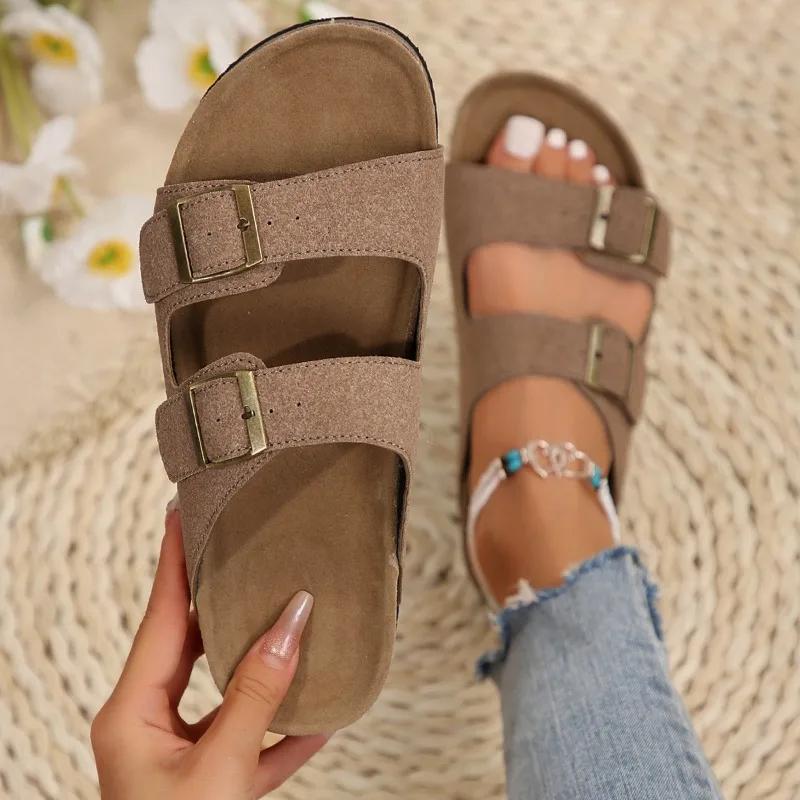 

Модная женская обувь 2024 года, горячая распродажа, женские тапочки с открытой пяткой, летние, с открытым носком, с пряжкой в римском стиле, однотонные, на плоской подошве, повседневные, пляжные, большого размера 43