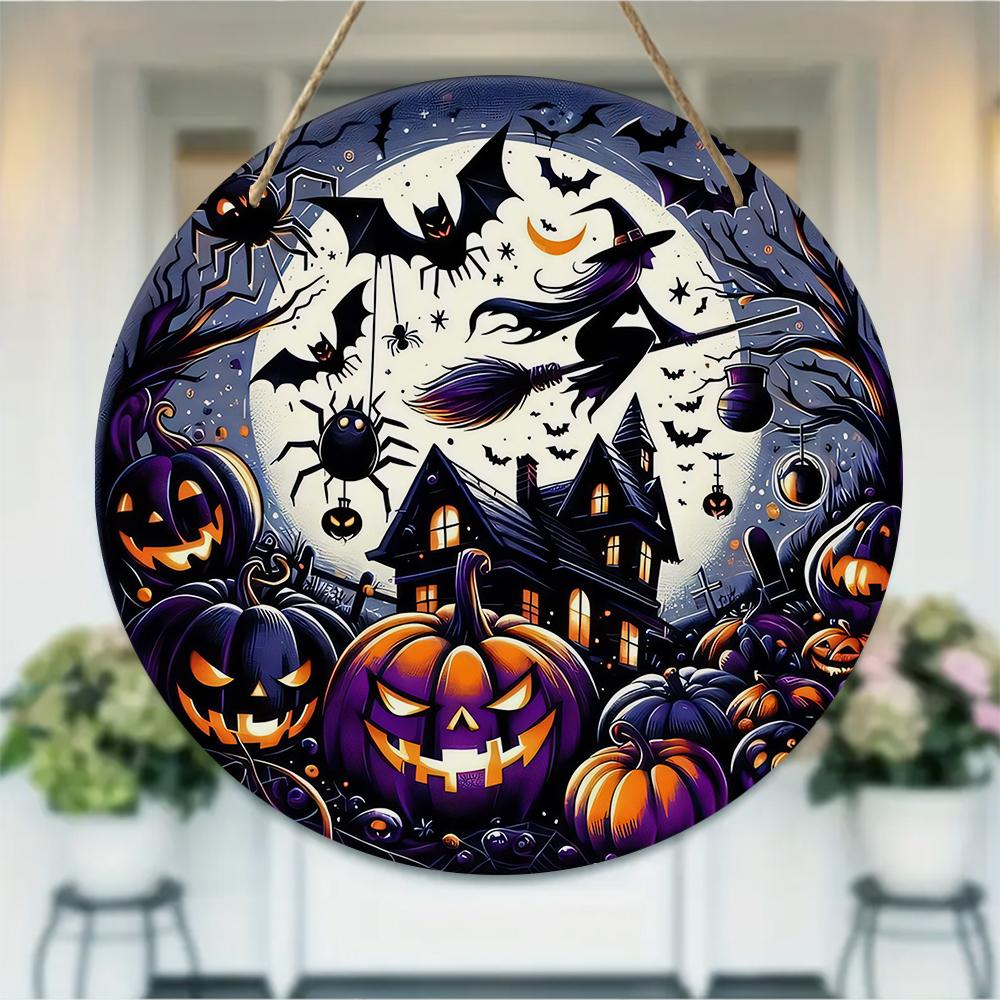 Spooky witch pumpkin haunted house Round Wooden Hanging Plaque wall art home decor porch front door sign Halloween party ornament supplies