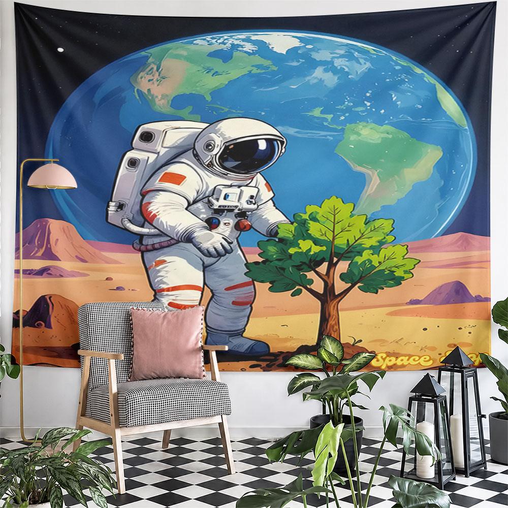"Space Explorer Planting on Mars" Pattern Wall Hanging Tapestry Decorative Tapestry Home Decor for Bedroom and Living Room