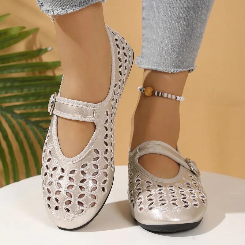 Fashion 2025 Ladies Shoes Buckle Strap Women's Flats Fashion Shallow Casual Plus Size New Hollow Out Light Best Seller Flat Low Heels