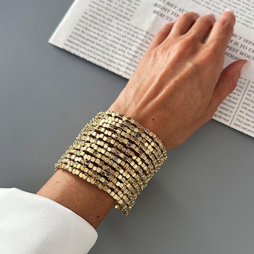 Stylish And Shiny Square Ccb Beaded Wrapped Wide Bracelet, Personalized Geometric Multi-Layer Stacked Bracelet For Women