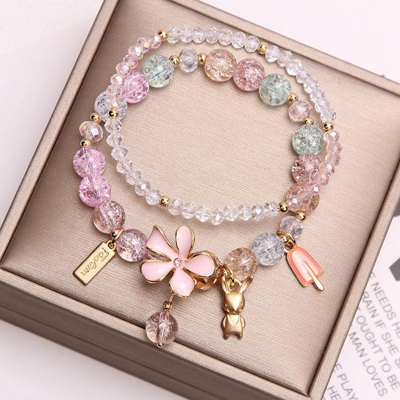 Fresh Flower Gift Fine Jewelry: Korean Simple & Elegant Beaded Bracelet with Floral Pendant for Women/Girls