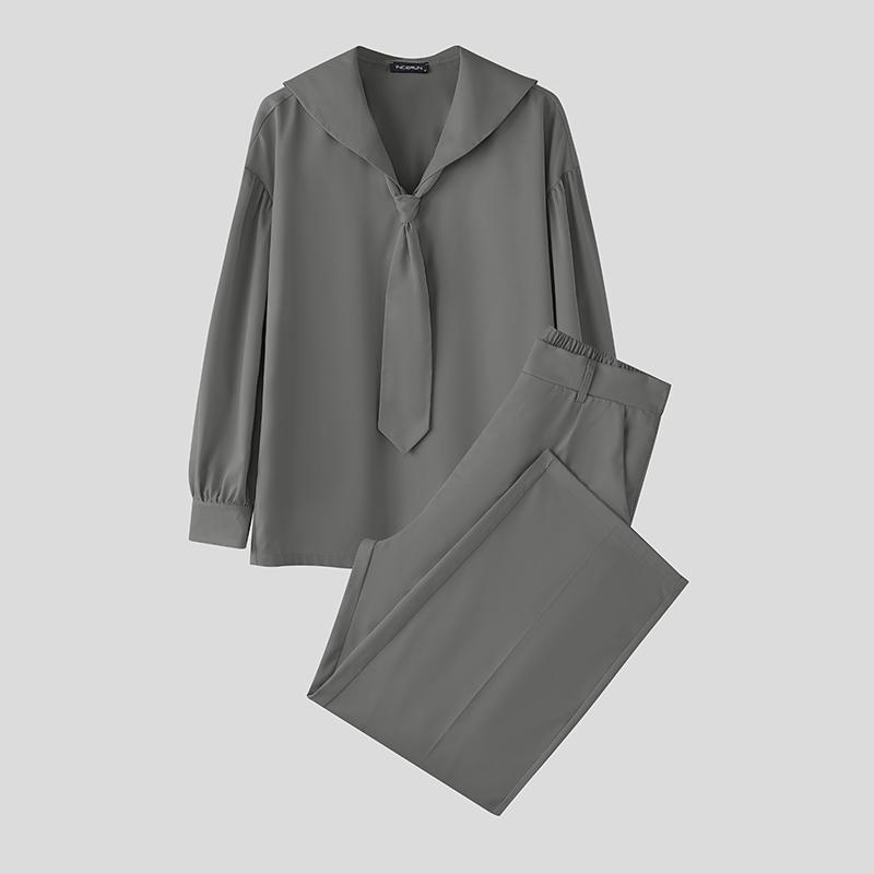 

INCERUN Oversized Men Sets Tie Up Long Sleeve Shirts Long Pants Casual Two Pieces Outfits 4XL сірий колір