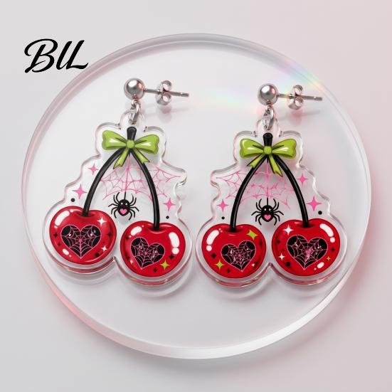 Dark Style Pendant Earrings 1 Pair Acrylic Cherry for Women, 2D Fruit Dangle Drop Halloween Party Jewelry with Spider Web And Bow, Punk Goth Aesthetic