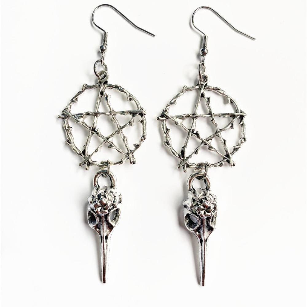 Goth Punk Sliver Color Big Five-pointed Star Rune Bird Beak Skull Pendant Dangle Earrings for Women Men Halloween Party Jewelry