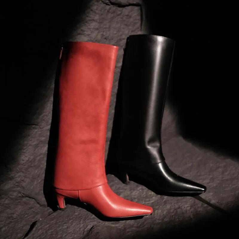 Fashion New Red Black Sheepskin Back Zipper Knee High Boots European American Square Headed Sexy 5.5cm High-heel Women Boots Size 34-41