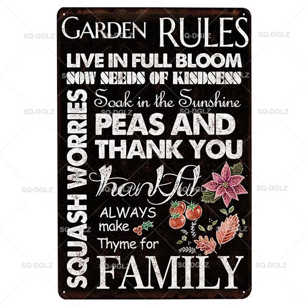 SQDGLZGarden Rules Metal Sign Vintage Metal Plaque Plates Decor For Pub Bar Home Wall Decor Tin Signs Flower Poster Gift