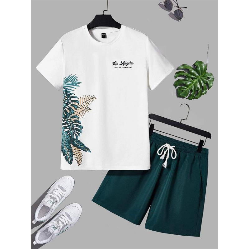 Hawaiian Style Men's T-shirt Beach Pants Suit Daily Casual Stylish Men's Short-sleeved Top Outdoor Vacation Men's Athletic Short