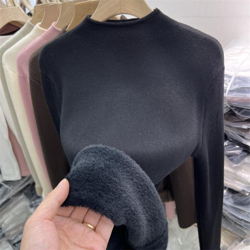 Thickened warm integrated fleece semi-turtleneck knitted sweater women's spring soft waxy inner bottoming shirt solid color top