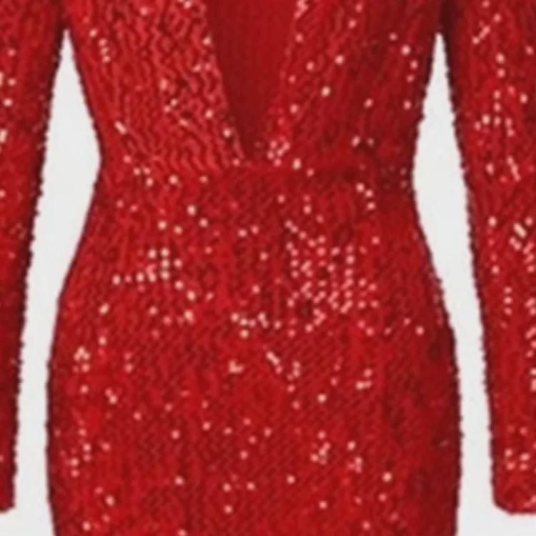 2025 Červené Třpytivé Šaty s Rybím Ocasem, Dlouhým Rukávem a Výstřihem do V pro Ženy