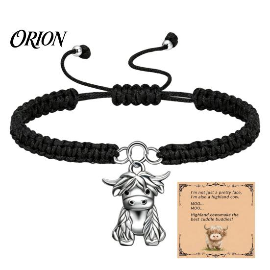 Small Animal Themed Gifts Cute Highland Cow Bracelet for Women, Metal Charm Adjustable Woven Rope Wristband with Card, Handmade Braided String