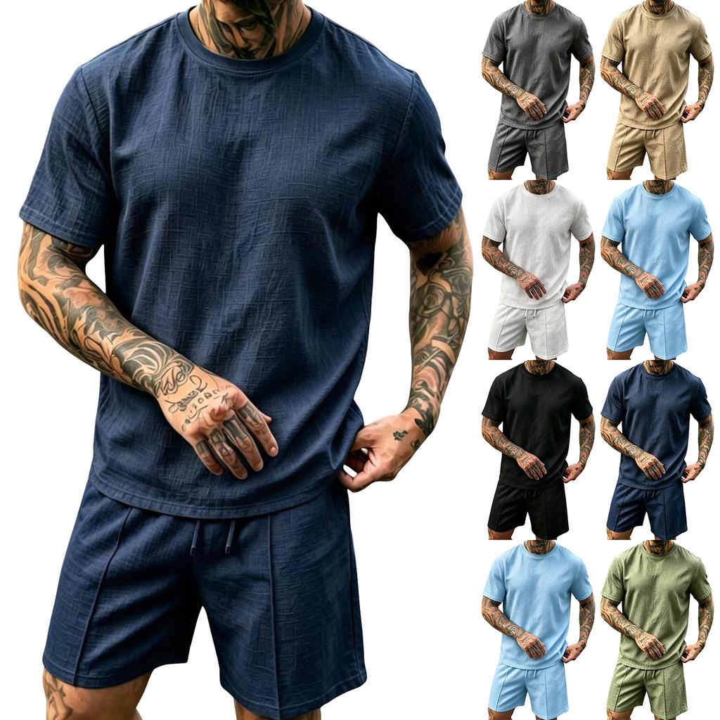 Herren Leinen Kurzarm Rundhals Oberteil und Shorts Set Leicht Atmungsaktiv Lässiges Sommer Outfit Geeignet für Draußen und Drinnen